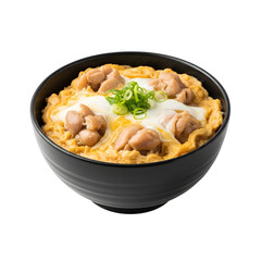 A comforting bowl of Japanese Oyakodon, a chicken and egg rice bowl, on isolated transparent background, a classic one-bowl meal.