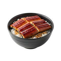 A classic Japanese Unadon rice bowl with grilled eel, or unagi, in a sweet soy glaze on isolated transparent background, a traditional delicacy.