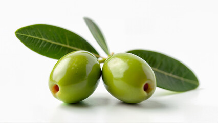 Obraz premium Green olives with green leaves isolated on a white background for food, nutrition, or ingredient concepts. Suitable for illustrating Mediterranean cuisine, healthy eating, or natural produces