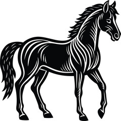 Stylized horse drawing in elegant black and white motion and strength form silhouette vector