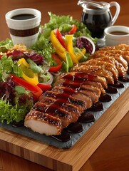 the image displays a culinary arrangement featuring sliced protein and a salad. the protein, adorned with a glossy sauce, is laid out in an even row along a dark slate board