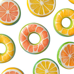Swim rings shaped like sliced citrus fruits, repeated top-down view, clean and vibrant