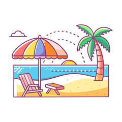 A vibrant cartoon illustration of a blissful beach scene with warm sunset