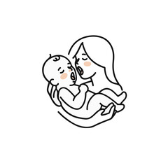 A tender moment between mother and baby, a line art.