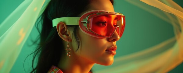 Naklejka premium A stylish young woman wears vibrant red ski goggles, adorned with delicate earrings, against a colorful green backdrop, capturing a blend of fashion and adventure.