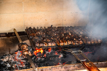 Lot of pieces of meat on skewers in special grill,fried on hot coals that produce aromatic smoke and creating delicious food, which is ideal for summer barbecue party in the fresh air, motion blur