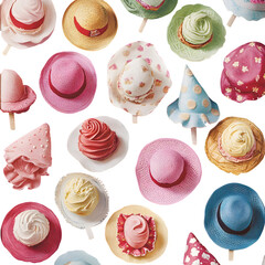 Tiled layout of floppy summer hats made from thin ice cream wafer layers, whimsical and soft