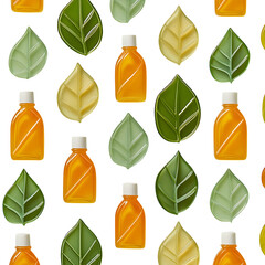 Top-down view of sunblock bottles shaped like leaf pods, arranged in a clean repeating pattern