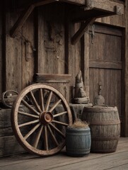 Obraz premium Scene with vintage western theme featuring wagon wheel and timber planks