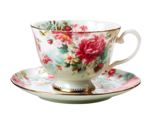 Elegant Floral Tea Cup and Saucer with Delicate Gold Trim A charming arrangement of a patterned teacup on a matching saucer.