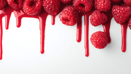 Vibrant red jam dripping down with fresh raspberries on a white background