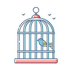 Simple graphic illustration of a bird in a cage with freedom overhead