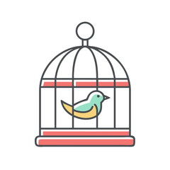 Colorful illustration of a bird inside an ornate vintage decorative birdcage