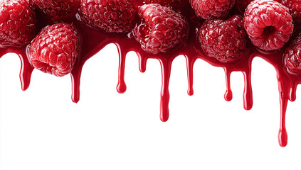 Vibrant red jam dripping down with fresh raspberries on a white background