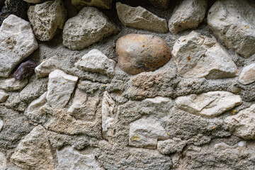 Close-up of rough stone wall with various textures and shapes