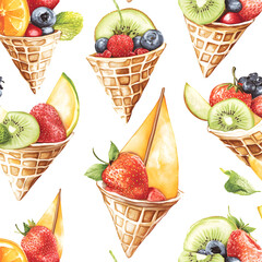 Waffle cone-shaped boats with fruit sails, repeating nautical summer pattern, isolated