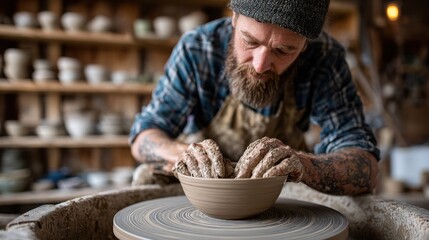 A skilled artisan works on a pottery wheel, carefully molding wet clay into a bowl. Natural light fills the room, highlighting his focused expression and textured hands.