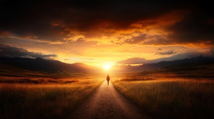 Obraz premium A mesmerizing pathway leads towards a breathtaking sunset over a majestic landscape, encapsulating the beauty of nature and the promise of new beginnings.