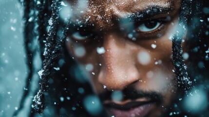 This close-up shot captures a contemplative figure outdoors, their intense gaze framed by falling snowflakes, highlighting the contrast between vulnerability and strength in nature.