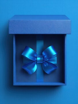 Blank open blue gift box with blue bottom inside or top view of opened blue present box with blue ribbon and bow isolated on blue background with shadow minimal concept 3D rendering