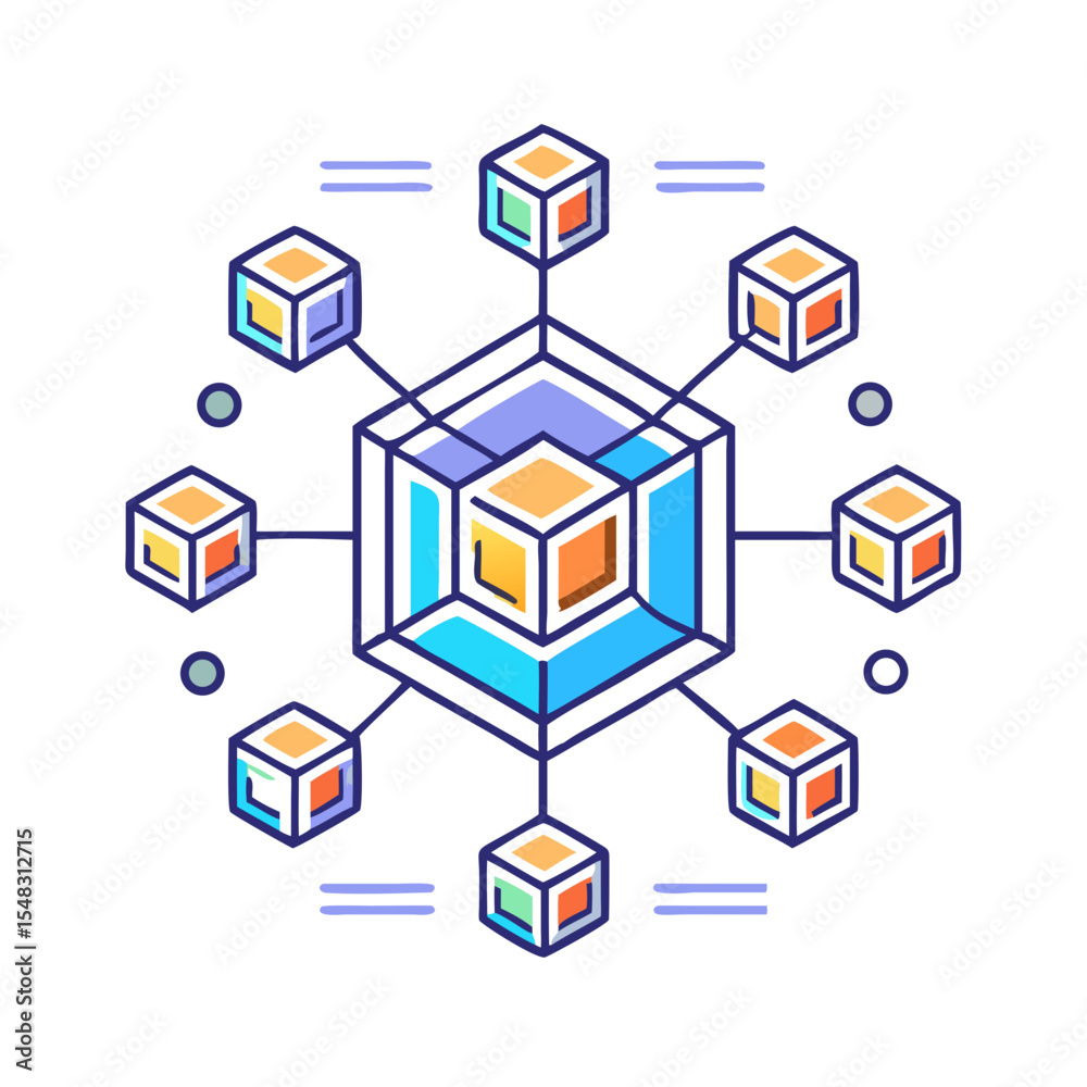 Poster distributed system represented by interconnected cubes symbolizing cloud computing network