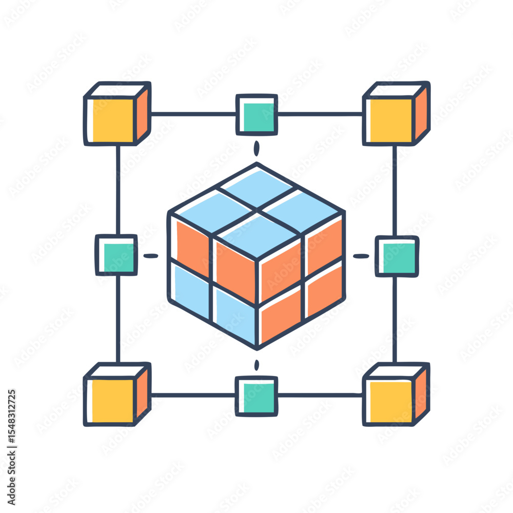 Poster interconnected cube network representing data processing and analysis in distributed systems