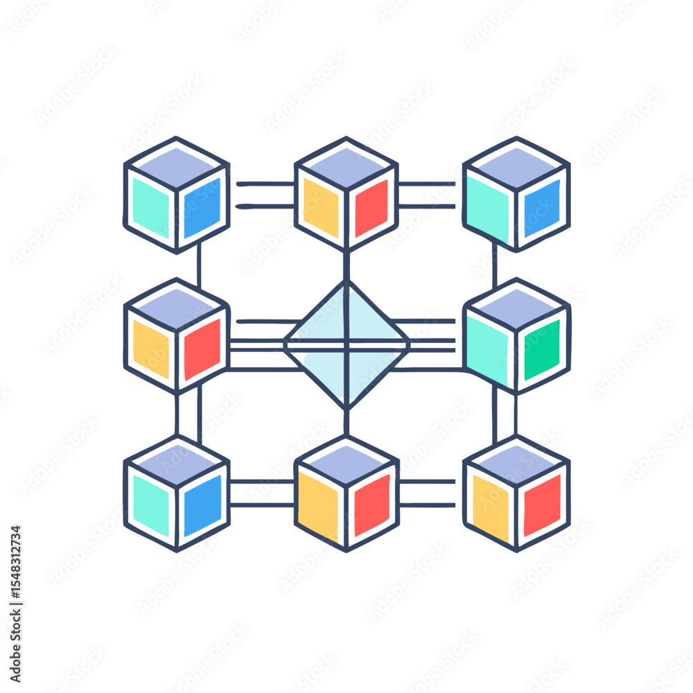 Poster a blockchain network represented by interconnected cubes and a central diamond shape