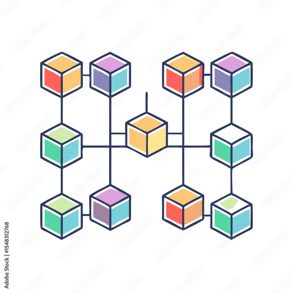 Poster colorful cube network illustration representing decentralized systems and data structures