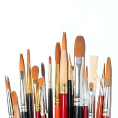 Row of artist paintbrushes closeup on white