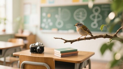 A small bird perches on a branch in a classroom, beside books and a camera, with a chalkboard in the background symbolizing nature interrupting education .
