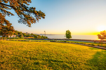 Obraz premium Tihany in Hungary. Benedictine Monastery of Tihany Abbey with Lake Balaton.