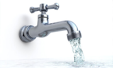 Water faucet with water flowing, isolated on a white background