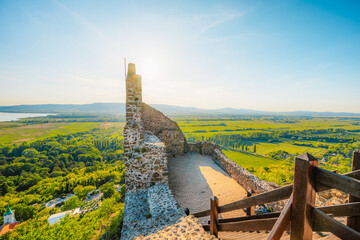 Sunset over the castle Szigliget, Hungary near Balaton lake