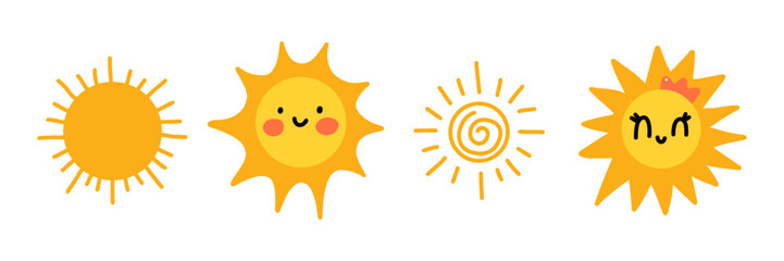 Cute sun collection. Happy cartoon characters. Summer hand drawn sunshine set for childish cards, invitations, posters, stickers. Yellow kids faces icons. Vector illustration