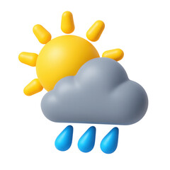3d cartoon sun shining behind rain cloud with raindrops falling, weather icon with transparent background