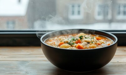 Warm shchi served in a steaming bowl with a view of snowy Russian countryside through frosted windows