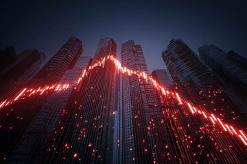 Stock market downturn - red graph going down on night city skyline background