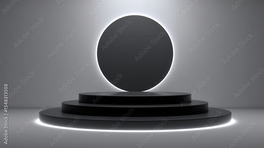 Fototapete premium image of black pedestal of platform display with neon modern stand podium on white room back