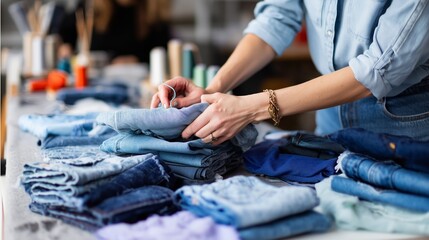 Fototapeta premium Detailed sorting and organizing of denim clothing in a modern workspace during daylight hours