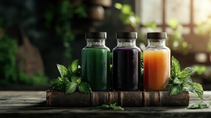 These three colorful bottles filled with vibrant natural liquids are artfully displayed on a rustic wooden surface, symbolizing health and vitality in a harmonious environment.