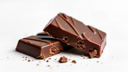 Pieces of luxury chocolate on a white background, showing texture and detail. Suitable for illustrating chocolate products, confectionery, or dessert concepts.
