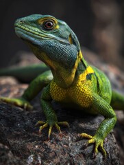 Fototapeta premium A green lizard with yellow markings, sitting on a rock, captured in a close-up view with a focused expression