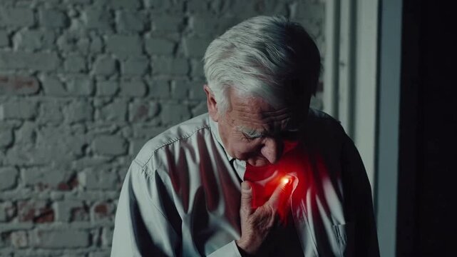 Elderly man clutching chest with pain near wall, concept of heart attack or serious health emergency - Powered by Adobe
