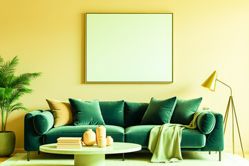 Sophisticated Living Room Interior Design Blue Velvet Couch and Decorative Elements Enhance the Pale Pink Wall and Large Artwork