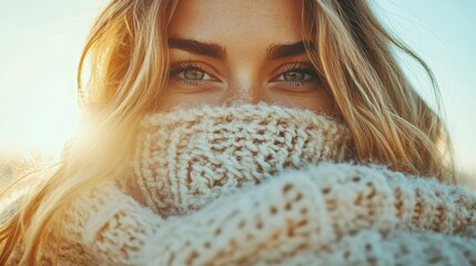 A close-up of a young woman wrapped in a cozy scarf radiates warmth and joy, basking in the sunlight and embracing a serene winter moment outdoors.
