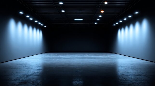 Dark Room Interior Design Modern Empty Space Blue Lighting Studio Background Minimalist Gallery Hallway Concrete Floor Architectural Photography Industrial Setting