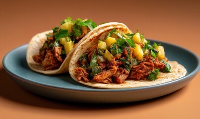 Delicious tacos al pastor featuring marinated pork, pineapple, and cilantro served on a turquoise plate with a soft clay-orange background