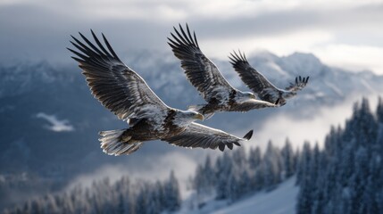 Two eagles glide through a snowy mountain range, their wings spread wide against a backdrop of frosty peaks and misty valleys. The scene captures the essence of winter wilderness.