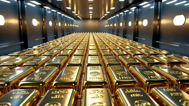 Stacks of shining gold bars under warm lighting in a secure facility