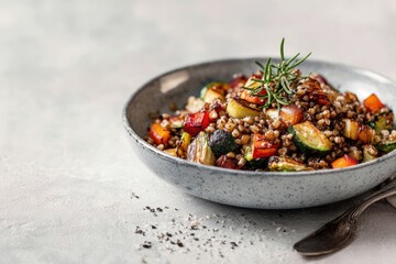 Photorealistic Bowl of Buckwheat with Roasted Vegetables on Stone Surface